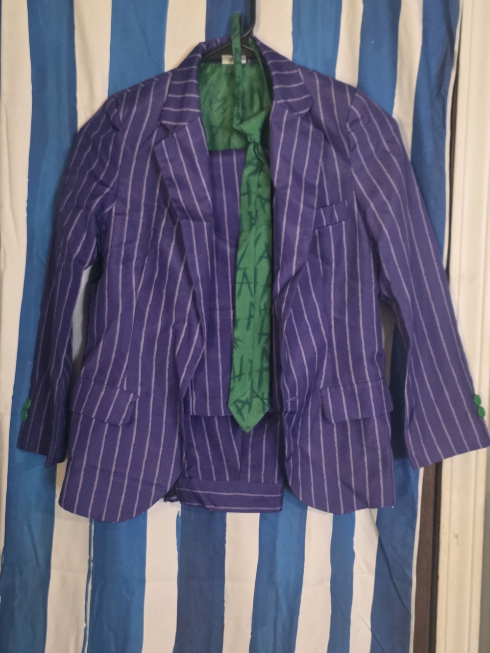 "Joker"Purple Pinstripe Blazer with Green Lining and Tie